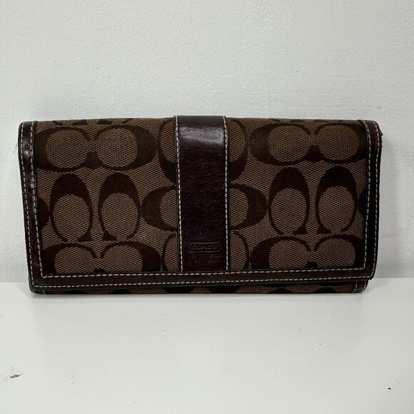 USED Coach Signature Monogram Long Wallet Brown Tan Canvas Envelope Bi-Fold - Picture 1 of 13